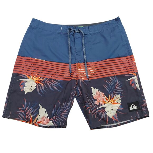 Quiksilver Boardshorts Mens 36 Blue Tropical Print Lightweight Summer Beach Pool - Picture 1 of 12
